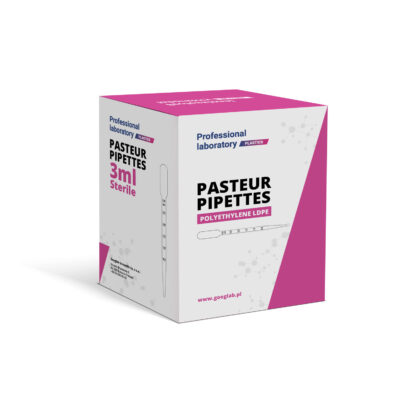 Opakowanie sterylnych pipet Pasteura 3 ml z polietylenu LDPE do użytku laboratoryjnego.